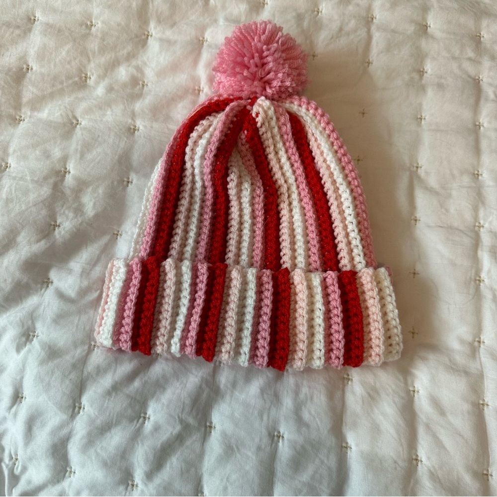 Striped Pink and Red Crocheted Beanie nwot Handmade